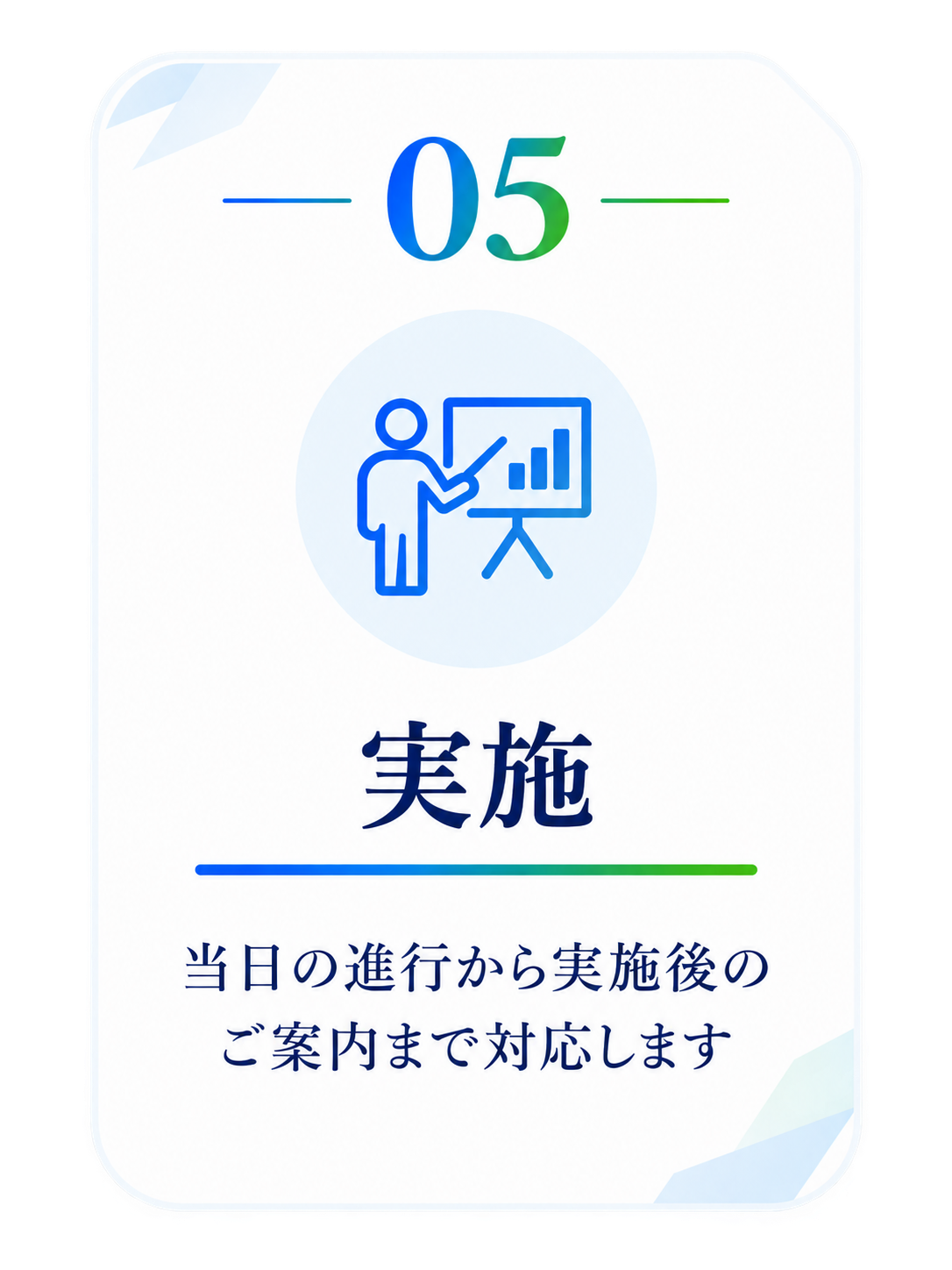 05 実施。当日の進行から実施後のご案内まで対応します。