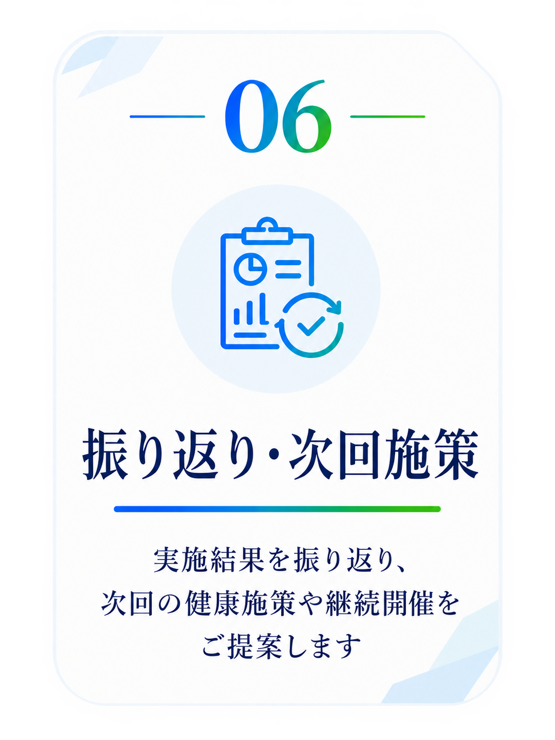 06 振り返り・次回施策。実施結果を振り返り、次回の健康施策や継続開催をご提案します。