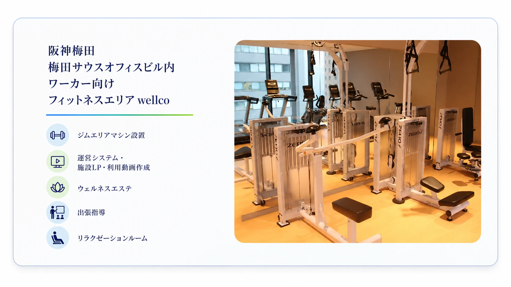 阪神梅田 梅田サウスオフィスビル内 ワーカー向けフィットネスエリア wellco。ジムエリアマシン設置、ウェルネスエステ、リラクゼーションルーム、運営システム・施設LP・利用動画作成、出張指導。